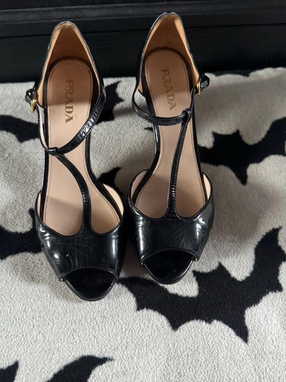 Prada Black Patent Leather T-Strap Peep Toe Heels - Picture 2 of 8
